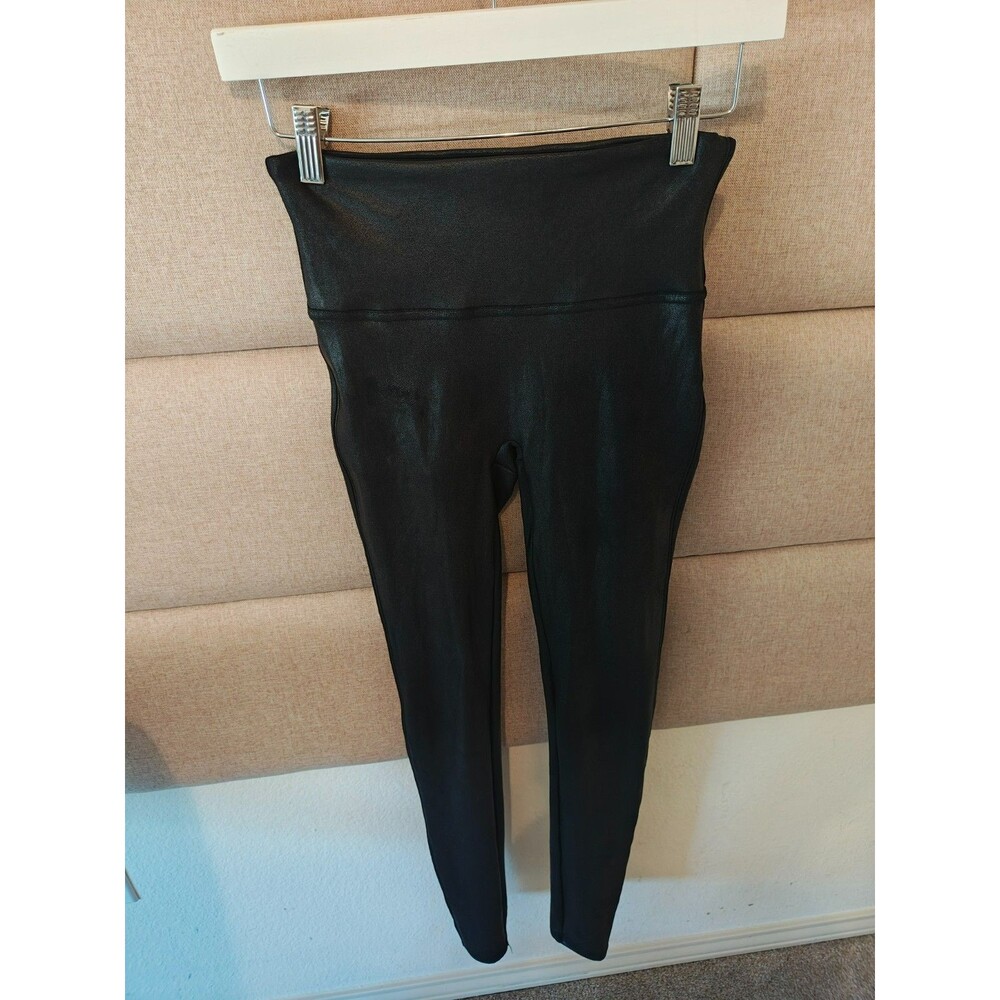 SPANX Women’s Black Solid Faux Leather Shiny Ankle Leggings Size S